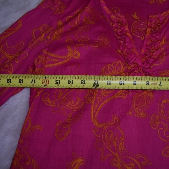 J McLaughlin Hot Pink Paisley Blouse Small V Neck Cotton Boho Tunic Top - Picture 12 of 15